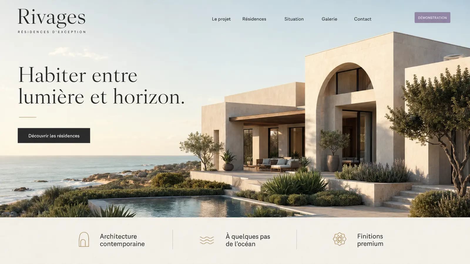 Page d’accueil de démonstration d’un site immobilier premium